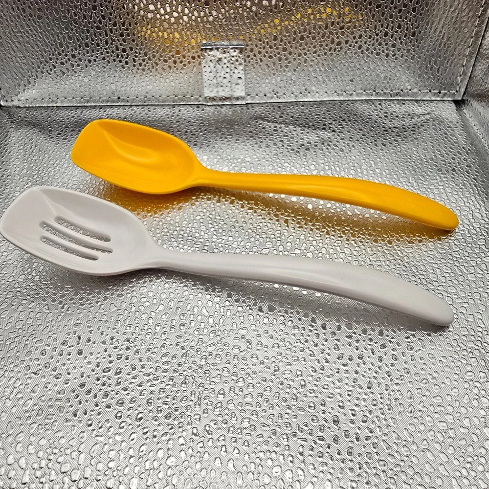 Hutzler 7.5 Inch Melamine Small Solid And Slotted Spoons White Yellow Set Of 2